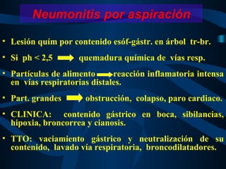 Lesión quím por contenido esóf-gástr. en árbol  tr-br.  Si  ph < 2,5  quemadura química de  vías resp. Partículas de alimento  reacción inflamatoria intensa en  vías respiratorias distales. Part. grandes  obstrucción,  colapso, paro cardiaco. CLINICA:  contenido gástrico en boca, sibilancias, hipoxia, broncorrea y cianosis. TTO: vaciamiento gástrico y neutralización de su contenido,  lavado vía respiratoria,  broncodilatadores. Neumonitis por aspiración 