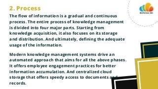 The flow of information is a gradual and continuous
process. The entire process of knowledge management
is divided into four major parts. Starting from
knowledge acquisition, it also focuses on its storage
and distribution. And ultimately, defining the adequate
usage of the information.
Modern knowledge management systems drive an
automated approach that aims for all the above phases.
It offers employee engagement practices for better
information accumulation. And centralized cloud
storage that offers speedy access to documents and
records.
2. Process
 