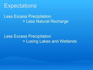 Expectations
Less Excess Precipitation
         = Less Natural Recharge


Less Excess Precipitation
         = Losing Lakes and Wetlands
 