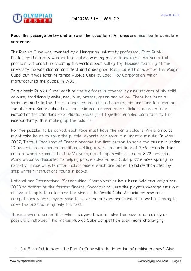 grade 4 english worksheets on comprehension set 01