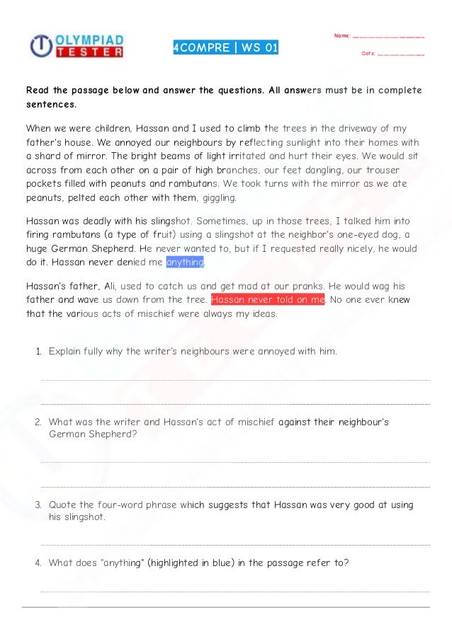 grade 4 english worksheets on comprehension set 01