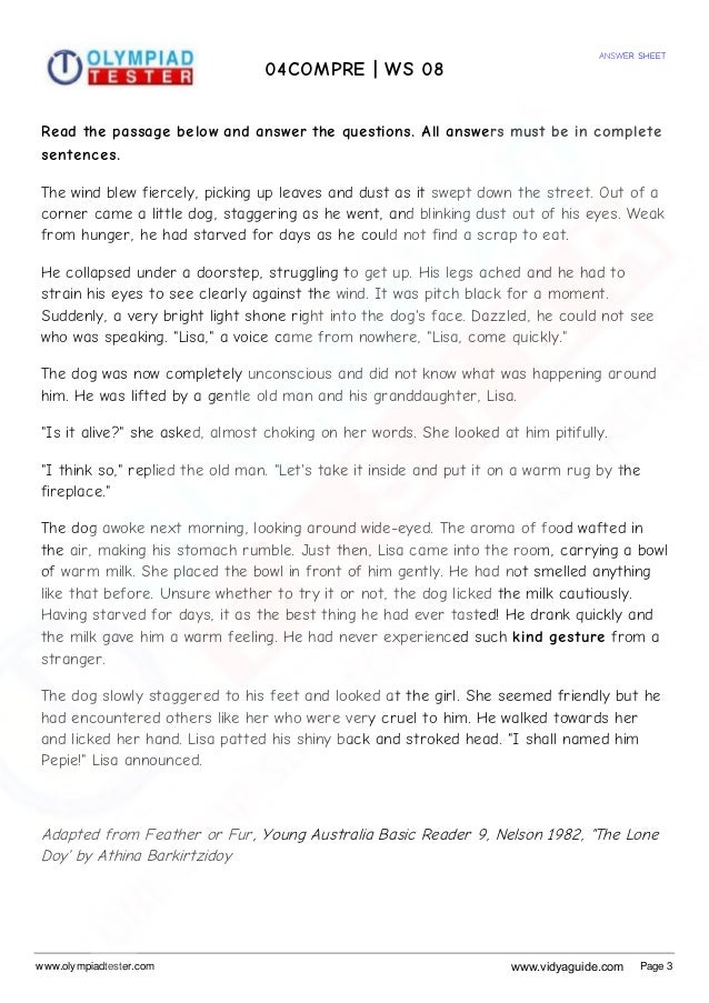 grade 4 english worksheets on comprehension set 01