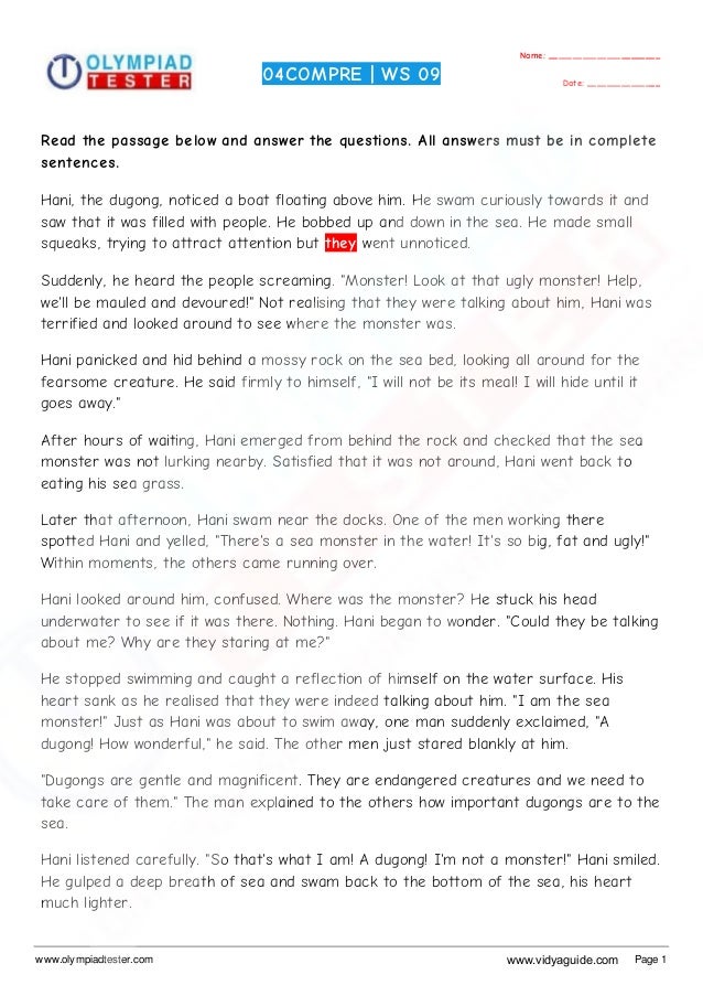 Grade 4 English worksheets on comprehension - Set 01