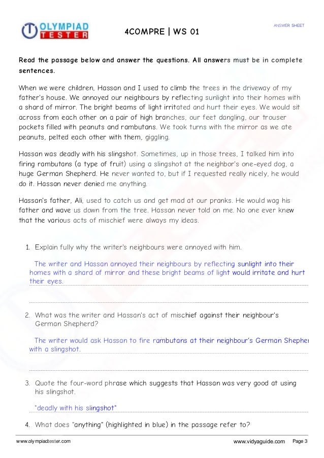 Grade 4 English Worksheets On Comprehension Set 01
