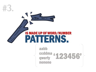 IS MADE UP OF WORD/NUMBER
#3.
PATTERNS.
aabb
ccddma
qwerty
nonono
‘123456’
 