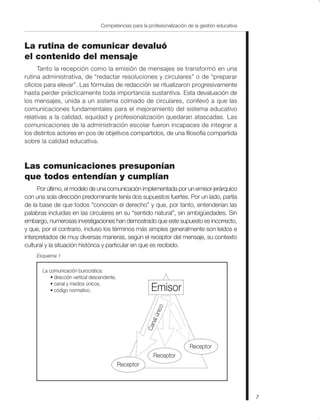 La rutina de comunicar devaluó
el contenido del mensaje
Tanto la recepción como la emisión de mensajes se transformó en una
rutina administrativa, de “redactar resoluciones y circulares” o de “preparar
oficios para elevar”. Las fórmulas de redacción se ritualizaron progresivamente
hasta perder prácticamente toda importancia sustantiva. Esta devaluación de
los mensajes, unida a un sistema colmado de circulares, conllevó a que las
comunicaciones fundamentales para el mejoramiento del sistema educativo
relativas a la calidad, equidad y profesionalización quedaran atascadas. Las
comunicaciones de la administración escolar fueron incapaces de integrar a
los distintos actores en pos de objetivos compartidos, de una filosofía compartida
sobre la calidad educativa.
Las comunicaciones presuponían
que todos entendían y cumplían
Por último, el modelo de una comunicación implementada por un emisor jerárquico
con una sola dirección predominante tenía dos supuestos fuertes. Por un lado, partía
de la base de que todos “conocían el derecho” y que, por tanto, entenderían las
palabras incluidas en las circulares en su “sentido natural”, sin ambigüedades. Sin
embargo, numerosas investigaciones han demostrado que este supuesto es incorrecto,
y que, por el contrario, incluso los términos más simples generalmente son leídos e
interpretados de muy diversas maneras, según el receptor del mensaje, su contexto
cultural y la situación histórica y particular en que es recibido.
Esquema 1
La comunicación burocrática:
• dirección vertical descendente,
• canal y medios únicos,
• código normativo. Emisor
Receptor
Receptor
Receptor
Canalúnico
7
Competencias para la profesionalización de la gestión educativa
 