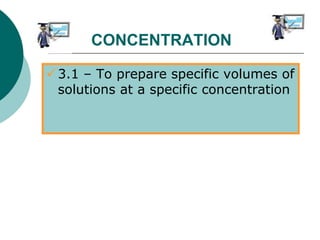 3.1 – To prepare specific volumes of
solutions at a specific concentration
CONCENTRATION
 