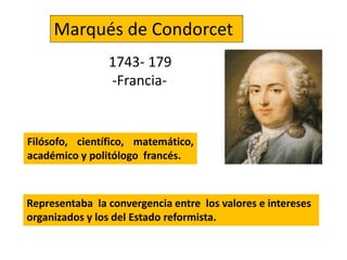 Marqués de Condorcet
Filósofo, científico, matemático,
académico y politólogo francés.
1743- 179
-Francia-
Representaba la convergencia entre los valores e intereses
organizados y los del Estado reformista.
 