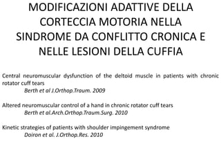 MODIFICAZIONI ADATTIVE DELLA
CORTECCIA MOTORIA NELLA
SINDROME DA CONFLITTO CRONICA E
NELLE LESIONI DELLA CUFFIA
Central neuromuscular dysfunction of the deltoid muscle in patients with chronic
rotator cuff tears
Berth et al J.Orthop.Traum. 2009
Altered neuromuscular control of a hand in chronic rotator cuff tears
Berth et al.Arch.Orthop.Traum.Surg. 2010
Kinetic strategies of patients with shoulder impingement syndrome
Doiron et al. J.Orthop.Res. 2010
 