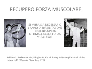 RECUPERO FORZA MUSCOLARE
SEMBRA SIA NECESSARIO
1 ANNO DI RIABILITAZIONE
PER IL RECUPERO
OTTIMALE DELLA FORZA
MUSCOLARE
Rokito A.S., Zuckerman J.D.,Gallagher M.A.et al. Strength after surgical repair of the
rotator cuff. J.Shoulder Elbow Surg. 1996
 
