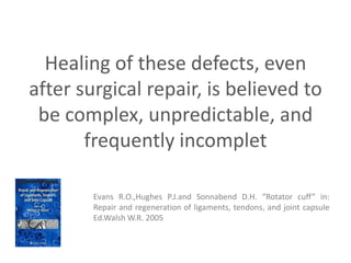 Healing of these defects, even
after surgical repair, is believed to
be complex, unpredictable, and
frequently incomplet
Evans R.O.,Hughes P.J.and Sonnabend D.H. “Rotator cuff” in:
Repair and regeneration of ligaments, tendons, and joint capsule
Ed.Walsh W.R. 2005
 