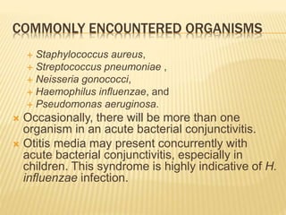 COMMONLY ENCOUNTERED ORGANISMS
 Staphylococcus aureus,
 Streptococcus pneumoniae ,
 Neisseria gonococci,
 Haemophilus influenzae, and
 Pseudomonas aeruginosa.
 Occasionally, there will be more than one
organism in an acute bacterial conjunctivitis.
 Otitis media may present concurrently with
acute bacterial conjunctivitis, especially in
children. This syndrome is highly indicative of H.
influenzae infection.
 