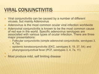 VIRAL CONJUNCTIVITIS
 Viral conjunctivitis can be caused by a number of different
viruses. but mainly Adenovirus
 Adenovirus is the most common ocular viral infection worldwide
 Adenoviral conjunctivitis is known to be the most common cause
of red eye in the world. Specific adenovirus serotypes are
associated with various types of ocular infection. There are three
major presentations:
 Follicular conjunctivitis (simple adenoviral conjunctivitis, serotypes 3,
4, 7a);
 epidemic keratoconjunctivitis (EKC, serotypes 8, 19, 37, 54); and
 pharyngoconjunctival fever (PCF, serotypes 3, 4, 7a, 11)
 .
 Most produce mild, self limiting disease
 
