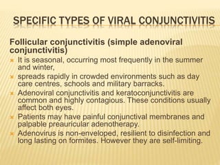 SPECIFIC TYPES OF VIRAL CONJUNCTIVITIS
Follicular conjunctivitis (simple adenoviral
conjunctivitis)
 It is seasonal, occurring most frequently in the summer
and winter,
 spreads rapidly in crowded environments such as day
care centres, schools and military barracks.
 Adenoviral conjunctivitis and keratoconjunctivitis are
common and highly contagious. These conditions usually
affect both eyes.
 Patients may have painful conjunctival membranes and
palpable preauricular adenotherapy.
 Adenovirus is non-enveloped, resilient to disinfection and
long lasting on formites. However they are self-limiting.
 