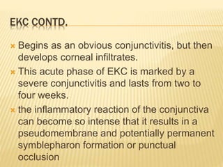 EKC CONTD.
 Begins as an obvious conjunctivitis, but then
develops corneal infiltrates.
 This acute phase of EKC is marked by a
severe conjunctivitis and lasts from two to
four weeks.
 the inflammatory reaction of the conjunctiva
can become so intense that it results in a
pseudomembrane and potentially permanent
symblepharon formation or punctual
occlusion
 