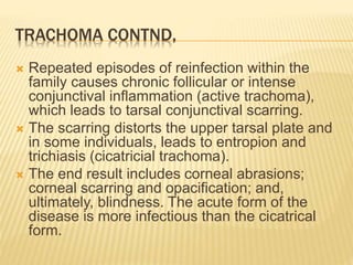 TRACHOMA CONTND,
 Repeated episodes of reinfection within the
family causes chronic follicular or intense
conjunctival inflammation (active trachoma),
which leads to tarsal conjunctival scarring.
 The scarring distorts the upper tarsal plate and
in some individuals, leads to entropion and
trichiasis (cicatricial trachoma).
 The end result includes corneal abrasions;
corneal scarring and opacification; and,
ultimately, blindness. The acute form of the
disease is more infectious than the cicatrical
form.
 