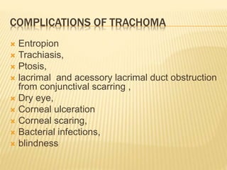 COMPLICATIONS OF TRACHOMA
 Entropion
 Trachiasis,
 Ptosis,
 lacrimal and acessory lacrimal duct obstruction
from conjunctival scarring ,
 Dry eye,
 Corneal ulceration
 Corneal scaring,
 Bacterial infections,
 blindness
 