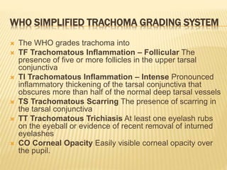 WHO SIMPLIFIED TRACHOMA GRADING SYSTEM
 The WHO grades trachoma into
 TF Trachomatous Inflammation – Follicular The
presence of five or more follicles in the upper tarsal
conjunctiva
 TI Trachomatous Inflammation – Intense Pronounced
inflammatory thickening of the tarsal conjunctiva that
obscures more than half of the normal deep tarsal vessels
 TS Trachomatous Scarring The presence of scarring in
the tarsal conjunctiva
 TT Trachomatous Trichiasis At least one eyelash rubs
on the eyeball or evidence of recent removal of inturned
eyelashes
 CO Corneal Opacity Easily visible corneal opacity over
the pupil.
 