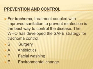 PREVENTION AND CONTROL
 For trachoma, treatment coupled with
improved sanitation to prevent reinfection is
the best way to control the disease. The
WHO has developed the SAFE strategy for
trachoma control.
 S Surgery
 A Antibiotics
 F Facial washing
 E Environmental change
 