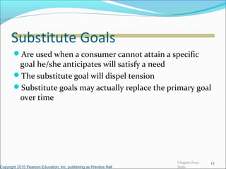 Substitute Goals
Are used when a consumer cannot attain a specific
goal he/she anticipates will satisfy a need
The substitute goal will dispel tension
Substitute goals may actually replace the primary goal
over time
Copyright 2010 Pearson Education, Inc. publishing as Prentice Hall
11Chapter Four
Slide
 