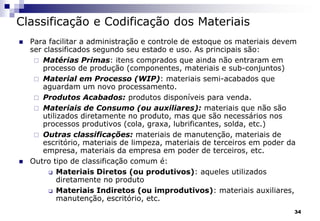 34
Classificação e Codificação dos Materiais
 Para facilitar a administração e controle de estoque os materiais devem
ser classificados segundo seu estado e uso. As principais são:
 Matérias Primas: itens comprados que ainda não entraram em
processo de produção (componentes, materiais e sub-conjuntos)
 Material em Processo (WIP): materiais semi-acabados que
aguardam um novo processamento.
 Produtos Acabados: produtos disponíveis para venda.
 Materiais de Consumo (ou auxiliares): materiais que não são
utilizados diretamente no produto, mas que são necessários nos
processos produtivos (cola, graxa, lubrificantes, solda, etc.)
 Outras classificações: materiais de manutenção, materiais de
escritório, materiais de limpeza, materiais de terceiros em poder da
empresa, materiais da empresa em poder de terceiros, etc.
 Outro tipo de classificação comum é:
 Materiais Diretos (ou produtivos): aqueles utilizados
diretamente no produto
 Materiais Indiretos (ou improdutivos): materiais auxiliares,
manutenção, escritório, etc.
 