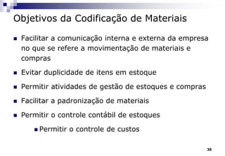 35
Objetivos da Codificação de Materiais
 Facilitar a comunicação interna e externa da empresa
no que se refere a movimentação de materiais e
compras
 Evitar duplicidade de itens em estoque
 Permitir atividades de gestão de estoques e compras
 Facilitar a padronização de materiais
 Permitir o controle contábil de estoques
 Permitir o controle de custos
 