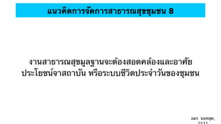 แนวคิดการจัดการสาธารณสุขชุมชน 8




 งานสาธารณสุขมูลฐานจะต้องสอดคล้องและอาศัย
ประโยชน์จาสถาบัน หรือระบบชีวิตประจําวันของชุมชน




                                            อมร นนทสุต,
 