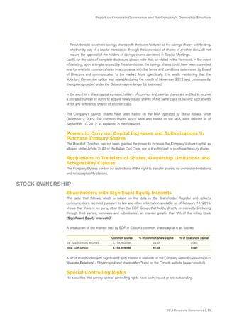 Report on Corporate Governance and the Company’s Ownership Structure
2014 Corporate Governance I 11
• Resolutions to issue new savings shares with the same features as the savings shares outstanding,
whether by way of a capital increase or through the conversion of shares of another class, do not
require the approval of the holders of savings shares convened in Special Meetings.
Lastly, for the sake of complete disclosure, please note that, as stated in the Foreword, in the event
of delisting, upon a simple request by the shareholder, the savings shares could have been converted
one-for-one into common shares in accordance with the terms and conditions determined by Board
of Directors and communicated to the market. More specifically, it is worth mentioning that the
Voluntary Conversion option was available during the month of November 2012 and, consequently,
this option provided under the Bylaws may no longer be exercised.
In the event of a share capital increase, holders of common and savings shares are entitled to receive
a prorated number of rights to acquire newly issued shares of the same class or, lacking such shares
or for any difference, shares of another class.
The Company’s savings shares have been traded on the MTA operated by Borsa Italiana since
December 2, 2002. The common shares, which were also traded on the MTA, were delisted as of
September 10, 2012, as explained in the Foreword.
Powers to Carry out Capital Increases and Authorizations to
Purchase Treasury Shares
The Board of Directors has not been granted the power to increase the Company’s share capital, as
allowed under Article 2443 of the Italian Civil Code, nor is it authorized to purchase treasury shares.
Restrictions to Transfers of Shares, Ownership Limitations and
Acceptability Clauses
The Company Bylaws contain no restrictions of the right to transfer shares, no ownership limitations
and no acceptability clauses.
Shareholders with Significant Equity Interests
The table that follows, which is based on the data in the Shareholder Register and reflects
communications received pursuant to law and other information available as of February 11, 2015,
shows that there is no party, other than the EDF Group, that holds, directly or indirectly (including
through third parties, nominees and subsidiaries), an interest greater than 2% of the voting stock
(Significant Equity Interests).
A breakdown of the interest held by EDF in Edison’s common share capital is as follows:
Common shares % of common share capital % of total share capital
TdE Spa (formerly WGRM) 5,154,369,098 99.48 97.40
Total EDF Group 5,154,369,098 99.48 97.40
A list of shareholders with Significant Equity Interest is available on the Company website (www.edison.it-
“Investor Relations” - Share capital and shareholders”) and on the Consob website (www.consob.it).
Special Controlling Rights
No securities that convey special controlling rights have been issued or are outstanding.
STOCK OWNERSHIP
 