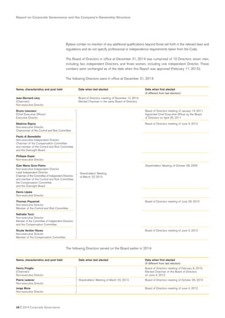 Report on Corporate Governance and the Company’s Ownership Structure
28 I 2014 Corporate Governance
Bylaws contain no mention of any additional qualifications beyond those set forth in the relevant laws and
regulations and do not specify professional or independence requirements taken from the Code.
The Board of Directors in office at December 31, 2014 was comprised of 10 Directors: seven men,
including two independent Directors, and three women, including one independent Director. These
numbers were unchanged as of the date when this Report was approved (February 11, 2015).
The following Directors were in office at December 31, 2014:
Name, characteristics and post held Date when last elected Date when first elected
(if different from last election)
Jean-Bernard Lévy Board of Directors meeting of December 12, 2014.
(Chairman) Elected Chairman in the same Board of Directors
Non-executive Director
Bruno Lescoeur Board of Directors meeting of January 14, 2011.
(Chief Executive Officer) Appointed Chief Executive Officer by the Board
Executive Director of Directors on April 26, 2011
Béatrice Bigois Board of Directors meeting of June 4, 2012
Non-executive Director
Chairwoman of the Control and Risk Committee
Paolo di Benedetto
Non-executive Independent Director
Chairman of the Compensation Committee
and member of the Control and Risk Committee
and the Oversight Board
Philippe Esper
Non-executive Director
Gian Maria Gros-Pietro Shareholders' Meeting of October 28, 2005
Non-executive Independent Director
Lead Independent Director
Chairman of the Committee of Independent Directors
and member of the Control and Risk Committee,
the Compensation Committee
and the Oversight Board
Denis Lépée
Non-executive Director
Thomas Piquemal Board of Directors meeting of June 29, 2010
Non-executive Director
Member of the Control and Risk Committee
Nathalie Tocci
Non-executive Director
Member of the Committee of Independent Directors
and the Compensation Committee
Nicole Verdier-Naves Board of Directors meeting of June 4, 2012
Non-executive Director
Member of the Compensation Committee
Shareholders' Meeting
of March, 22 2013
The following Directors served on the Board earlier in 2014:
Name, characteristics and post held Date when last elected Date when first elected
(if different from last election)
Henry Proglio Board of Directors meeting of February 8, 2010.
(Chairman) Elected Chairman of the Board of Directors
Non-executive Director on June 4, 2012
Pierre Lederer Shareholders' Meeting of March 22, 2013 Board of Directors meeting of October 26, 2012
Non-executive Director
Jorge Mora Board of Directors meeting of June 4, 2012
Non-executive Director
 