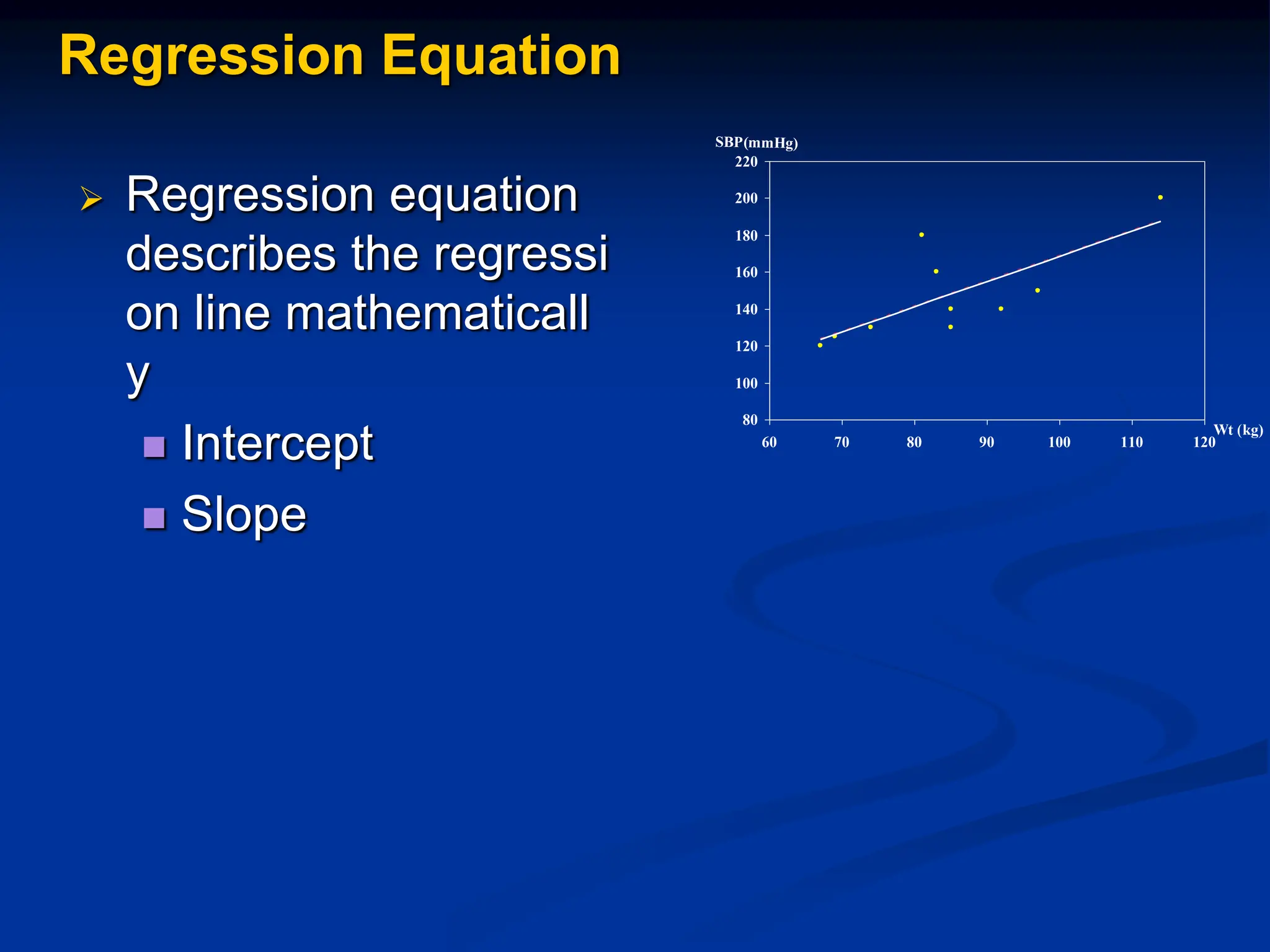 Regression Equation
 Regression equation
describes the regressi
on line mathematicall
y
 Intercept
 Slope
80
100
120
140
160
180
200
220
60 70 80 90 100 110 120
Wt (kg)
SBP(mmHg)
 