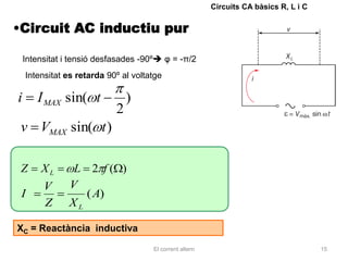 Circuits CA bàsics R, L i C


•Circuit AC inductiu pur

    Intensitat i tensió desfasades -90º φ = -π/2
    Intensitat es retarda 90º al voltatge

i      I MAX sin( t             )
                            2
 v VMAX sin( t )

 Z      XL       L 2 f( )
         V      V
 I                 ( A)
         Z      XL

XC = Reactància inductiva

                                      El corrent altern                                 15
 