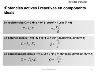 Mètodes d’analisi


•Potències actives i reactives en components
ideals

En resistències Q = 0          = 0º ( cos0º = 1 ,sin 0º =0)

              P     2
                  I ·R                          VR2
                    R                         P
                                                 R
En bobines ideals P = 0 , Q > 0             = 90º ( cos90º= 0, sin90º= 1)
                                                      2
                   2                                 VXL
             Q    I ·X L
                   XL                        Q
                                                     XL

En condensadors ideals P = 0, Q < 0                     = -90º (cos-90º=0,sin-90º=-1)
                                                          2
                     2                                   VXc
             Q     I Xc · X C               Q
                                                         XC

                                   Titulo presentacion                                20
 