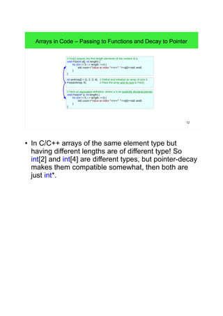 Arrays in Code – Passing to Functions and Decay to Pointer 
12 
// Foo() outputs the first length elements of the content of a. 
void Foo(int a[], int length) { 
for (int i = 0; i < length; ++i) { 
std::cout<<"Value at index "<<i<<": "<<a[i]<<std::endl; 
} 
} 
int anArray[] = {1, 2, 3, 4}; // Define and initialize an array of size 4. 
Foo(anArray, 4); // Pass the array and its size to Foo(). 
// Here an equivalent definition, where a is an explicitly declared pointer. 
void Foo(int* a, int length) { 
for (int i = 0; i < length; ++i) { 
std::cout<<"Value at index "<<i<<": "<<a[i]<<std::endl; 
} 
} 
● In C/C++ arrays of the same element type but 
having different lengths are of different type! So 
int[2] and int[4] are different types, but pointer-decay 
makes them compatible somewhat, then both are 
just int*. 
 