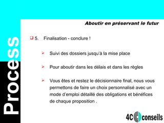 Aboutir en préservant le futur
Process
 5. Finalisation - conclure !
 Suivi des dossiers jusqu’à la mise place
 Pour aboutir dans les délais et dans les règles
 Vous êtes et restez le décisionnaire final, nous vous
permettons de faire un choix personnalisé avec un
mode d’emploi détaillé des obligations et bénéfices
de chaque proposition .
 