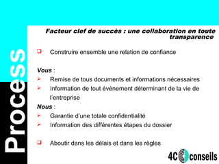 Facteur clef de succès : une collaboration en toute
transparence
Process
 Construire ensemble une relation de confiance
Vous :
 Remise de tous documents et informations nécessaires
 Information de tout événement déterminant de la vie de
l’entreprise
Nous :
 Garantie d’une totale confidentialité
 Information des différentes étapes du dossier
 Aboutir dans les délais et dans les règles
 