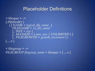 Placeholder Definitions
< filespec > ::=
[ PRIMARY ]
( [ NAME = logical_file_name , ]
FILENAME = 'os_file_name'
[ , SIZE = size ]
[ , MAXSIZE = { max_size | UNLIMITED } ]
[ , FILEGROWTH = growth_increment ] )
[ ,...n ]
< filegroup > ::=
FILEGROUP filegroup_name < filespec > [ ,...n ]
 