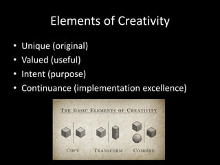 Elements of Creativity
•   Unique (original)
•   Valued (useful)
•   Intent (purpose)
•   Continuance (implementation excellence)
 