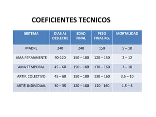 SISTEMA DIAS AL
DESLECHE
EDAD
FINAL
PESO
FINAL KG.
MORTALIDAD
MADRE 240 240 150 5 – 10
AMA PERMANENTE 90-120 150 – 180 120 – 150 2 – 12
AMA TEMPORAL 45 – 60 150 – 180 130 – 160 3 – 10
ARTIF. COLECTIVO 45 – 60 150 – 180 130 – 160 3,5 – 10
ARTIF. INDIVIDUAL 30 – 35 120 – 180 120 - 160 1,5 – 6
COEFICIENTES TECNICOS
 