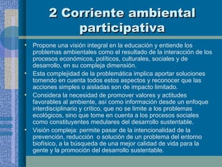 2 Corriente ambiental participativa Propone una visión integral en la educación y entiende los problemas ambientales como el resultado de la interacción de los procesos económicos, políticos, culturales, sociales y de desarrollo, en su compleja dimensión. Esta complejidad de la problemática implica aportar soluciones tomendo en cuenta todos estos aspectos y reconocer que las acciones simples o aisladas son de impacto limitado. Considera la necesidad de promover valores y actitudes favorables al ambiente, así como información desde un enfoque interdisciplinario y crítico, que no se limite a los problemas ecológicos, sino que tome en cuenta a los procesos sociales como constituyentes medulares del desarrollo sustentable. Visión compleja: permite pasar de la intencionalidad de la prevención, reducción  o solución de un problema del entorno biofísico, a la búsqueda de una mejor calidad de vida para la gente y la promoción del desarrollo sustentable. 
