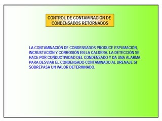 CONTROL DE CONTAMINACIÓN DE
CONDENSADOS RETORNADOS
LA CONTAMINACIÓN DE CONDENSADOS PRODUCE ESPUMACIÓN,
INCRUSTACIÓN Y CORROSIÓN EN LA CALDERA. LA DETECCIÓN SE
HACE POR CONDUCTIVIDAD DEL CONDENSADO Y DA UNA ALARMA
PARA DESVIAR EL CONDENSADO CONTAMINADO AL DRENAJE SI
SOBREPASA UN VALOR DETERMINADO.
 
