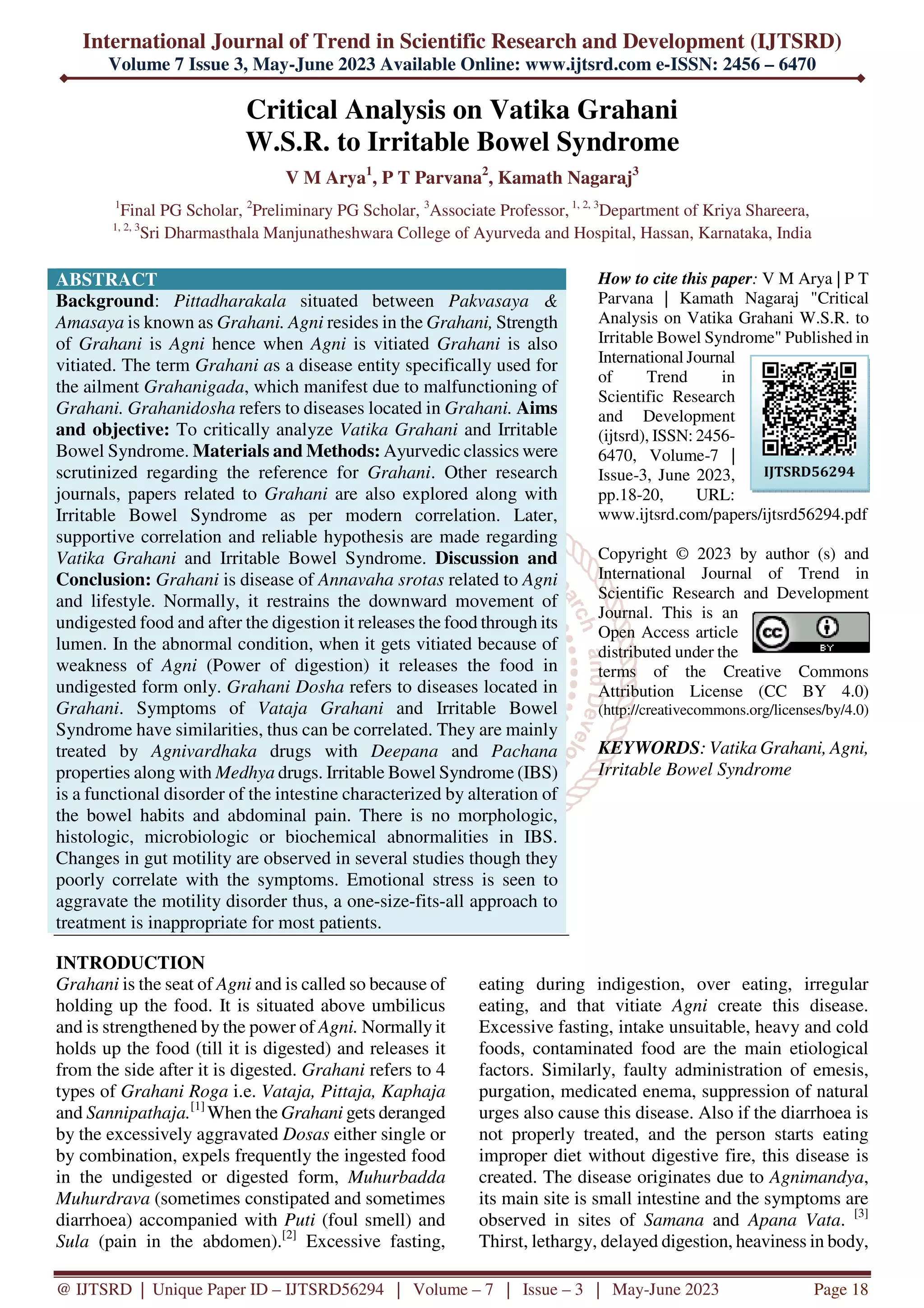 Critical Analysis on Vatika Grahani W.S.R. to Irritable Bowel Syndrome ...