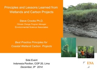 Principles and Lessons Learned from 
Wetlands and Carbon Projects 
Steve Crooks Ph.D. 
Climate Change Program Manager 
Environmental Science Associates 
Best Practice Principles for 
Coastal Wetland Carbon Projects 
Side Event 
Indonesia Pavilion, COP 20, Lima 
December, 9th 2014 
Jim Fourqurean 
 