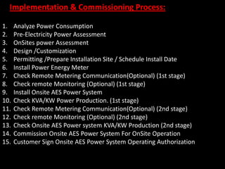 1. Analyze Power Consumption
2. Pre-Electricity Power Assessment
3. OnSites power Assessment
4. Design /Customization
5. Permitting /Prepare Installation Site / Schedule Install Date
6. Install Power Energy Meter
7. Check Remote Metering Communication(Optional) (1st stage)
8. Check remote Monitoring (Optional) (1st stage)
9. Install Onsite AES Power System
10. Check KVA/KW Power Production. (1st stage)
11. Check Remote Metering Communication(Optional) (2nd stage)
12. Check remote Monitoring (Optional) (2nd stage)
13. Check Onsite AES Power system KVA/KW Production (2nd stage)
14. Commission Onsite AES Power System For OnSite Operation
15. Customer Sign Onsite AES Power System Operating Authorization
Implementation & Commissioning Process:
 