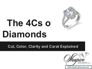 The 4Cs of
Diamonds
Cut, Color, Clarity and Carat Explained

www.shapirodiamonds.com

 