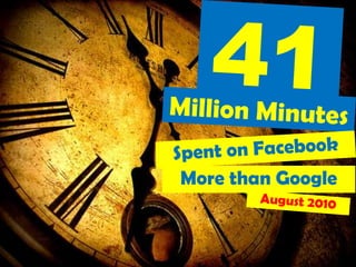 41,[object Object],Million Minutes,[object Object],Spent on Facebook,[object Object],More than Google,[object Object],August 2010,[object Object]