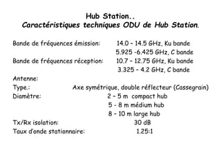 Hub Station..
Caractéristiques techniques ODU de Hub Station.
Bande de fréquences émission: 14.0 – 14.5 GHz, Ku bande
5.925 -6.425 GHz, C bande
Bande de fréquences réception: 10.7 – 12.75 GHz, Ku bande
3.325 – 4.2 GHz, C bande
Antenne:
Type.: Axe symétrique, double réflecteur (Cassegrain)
Diamètre: 2 – 5 m compact hub
5 - 8 m médium hub
8 – 10 m large hub
Tx/Rx isolation: 30 dB
Taux d’onde stationnaire: 1.25:1
.
 