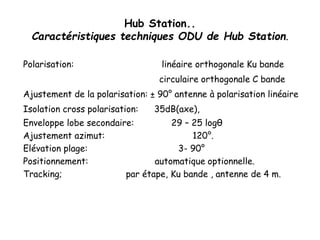 Hub Station..
Caractéristiques techniques ODU de Hub Station.
Polarisation: linéaire orthogonale Ku bande
circulaire orthogonale C bande
Ajustement de la polarisation: ± 90° antenne à polarisation linéaire
Isolation cross polarisation: 35dB(axe),
Enveloppe lobe secondaire: 29 – 25 logθ
Ajustement azimut: 120°.
Elévation plage: 3- 90°
Positionnement: automatique optionnelle.
Tracking; par étape, Ku bande , antenne de 4 m.
 