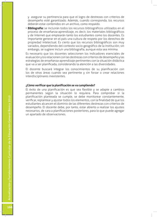 ActualizaciónyFortalecimientoCurriculardelaEducaciónGeneralBásica2010
166
y asegurar su pertinencia para que el logro de destrezas con criterios de
desempeño esté garantizado. Además, cuando corresponda, los recursos
deberán estar contenidos en un archivo, como respaldo.
•	Bibliografía: se incluirán todos los recursos bibliográficos utilizados en el
proceso de enseñanza-aprendizaje, es decir, los materiales bibliográficos
y de Internet que emplearán tanto los estudiantes como los docentes. Es
importante generar en el país una cultura de respeto por los derechos de
propiedad intelectual. Es cierto que los recursos bibliográficos son muy
variados, dependiendo del contexto socio-geográfico de la institución; sin
embargo, se sugiere incluir una bibliografía, aunque esta sea mínima.
Es necesario que los docentes seleccionen los indicadores esenciales de
evaluaciónylosrelacionenconlasdestrezasconcriteriosdedesempeñoylas
estrategias de enseñanza-aprendizaje pertinentes con la situación didáctica
que va a ser planificada, considerando la atención a las diversidades.
El docente buscará integrar los conocimientos de su planificación con
los de otras áreas cuando sea pertinente y sin forzar o crear relaciones
interdisciplinares inexistentes.
¿Cómo verificar que la planificación se va cumpliendo?
El éxito de una planificación es que sea flexible y se adapte a cambios
permanentes según la situación lo requiera. Para comprobar si la
planificación planteada se cumple, se debe monitorear constantemente,
verificar, replantear y ajustar todos los elementos, con la finalidad de que los
estudiantes alcancen el dominio de las diferentes destrezas con criterios de
desempeño. El docente debe, por tanto, estar abierto a realizar los ajustes
necesarios, de cara a planificaciones posteriores, para lo que puede agregar
un apartado de observaciones.
 