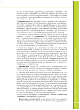 ActualizaciónyFortalecimientoCurriculardelaEducaciónGeneralBásica2010
55
ticulares de razonamiento, argumentos y justificaciones propios para cada
año de Educación General Básica. El seleccionar el método adecuado de de-
mostración de un argumento matemático ayuda a comprender de una mejor
forma los hechos matemáticos. Este proceso debe ser empleado tanto por
estudiantes como docentes.
La comunicación se debe trabajar en todos los años es la capacidad de rea-
lizar conjeturas, aplicar información, descubrir y comunicar ideas. Es esen-
cial que los estudiantes desarrollen la capacidad de argumentar y explicar
los procesos utilizados en la resolución de un problema, de demostrar su
pensamiento lógico matemático, y de interpretar fenómenos y situaciones
cotidianas, es decir, un verdadero aprender a aprender. El eje de comunica-
ción no solo se centra en los estudiantes sino también en los docentes.
La actualización y fortalecimiento curricular propone que en las clases de
Matemática se enfaticen las conexiones que existen entre las diferentes
ideas y conceptos matemáticos en un mismo bloque curricular, entre blo-
ques, con las demás áreas del currículo, y con la vida cotidiana. Lo que per-
mite que los estudiantes integren sus conocimientos, y así estos conceptos
adquieran significado para alcanzar una mejor comprensión de la Matemáti-
ca, de las otras asignaturas y del mundo que les rodea.
En Matemática al igual que en otras áreas, la construcción de muchos
conceptos importantes se da a través del trabajo realizado en diferentes
años; por lo cual es necesario que exista una estrecha relación y conca-
tenación entre los conocimientos de año a año respetando la secuencia.
Dentro de este ámbito, los profesores de Matemática de los diferentes
años contiguos determinarán dentro de su planificación los temas más
significativos y las destrezas con criterios de desempeño relevantes en
las cuales deberán trabajar, para que los estudiantes al ser promovidos
de un año al siguiente puedan aplicar sus saberes previos en la construc-
ción de nuevos conocimientos.
La representación consiste en la forma en que el estudiante selecciona,
organiza, registra, o comunica situaciones o ideas matemáticas, a través de
material concreto, semiconcreto, virtual o de modelos matemáticos.
En esta propuesta, hemos enfocado el currículo de la Matemática de Edu-
cación General Básica en el desarrollo de destrezas con criterios de desem-
peño necesarias para la resolución de problemas, comprensión de reglas,
teoremas y fórmulas, con el propósito de desarrollar el pensamiento lógico-
crítico y el sentido común de los estudiantes. En algunos años se ha modi-
ficado el nivel de profundidad en el tratamiento de los temas, con el fin de
brindar a los educandos las oportunidades de desarrollar sus habilidades y
destrezas con criterios de desempeño para interpretar e interactuar con sol-
tura y seguridad en un mundo extremadamente competitivo y cambiante.
Pero en todos ellos, el profesorado debe comprobar que el estudiantado ha
captado los conceptos, teoremas, algoritmos y aplicaciones con la finalidad
de lograr una sólida base de conocimientos matemáticos.
El documento de Actualización y Fortalecimiento Curricular de la Educación
General Básica plantea tres macrodestrezas:
•	 Comprensión de Conceptos (C): Conocimiento de hechos, conceptos, la
apelación memorística pero consciente de elementos, leyes, propieda-
 
