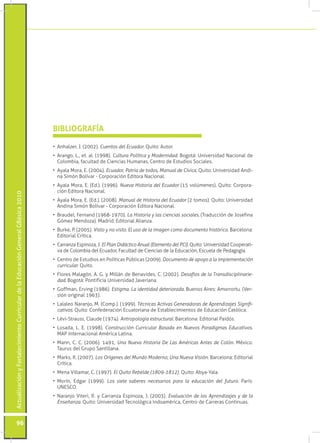 ActualizaciónyFortalecimientoCurriculardelaEducaciónGeneralGBásica2010
96
•	 Anhalzer, J. (2002). Cuentos del Ecuador. Quito: Autor.
•	 Arango, L., et. al. (1998). Cultura Política y Modernidad. Bogotá: Universidad Nacional de
Colombia, facultad de Ciencias Humanas, Centro de Estudios Sociales.
•	 Ayala Mora, E. (2004). Ecuador, Patria de todos, Manual de Cívica. Quito: Universidad Andi-
na Simón Bolívar - Corporación Editora Nacional.
•	 Ayala Mora, E. (Ed.). (1996). Nueva Historia del Ecuador (15 volúmenes). Quito: Corpora-
ción Editora Nacional.
•	 Ayala Mora, E. (Ed.). (2008). Manual de Historia del Ecuador (2 tomos). Quito: Universidad
Andina Simón Bolívar - Corporación Editora Nacional.
•	 Braudel, Fernand (1968-1970). La Historia y las ciencias sociales. (Traducción de Josefina
Gómez Mendoza). Madrid: Editorial Alianza.
•	 Burke, P. (2005). Visto y no visto. El uso de la imagen como documento histórico. Barcelona:
Editorial Crítica.
•	 Carranza Espinoza, J. El Plan Didáctico Anual (Elemento del PCI). Quito: Universidad Cooperati-
va de Colombia del Ecuador, Facultad de Ciencias de la Educación, Escuela de Pedagogía.
•	 Centro de Estudios en Políticas Públicas (2009). Documento de apoyo a la implementación
curricular. Quito.
•	 Flores Malagón, A. G. y Millán de Benavides, C. (2002). Desafíos de la Transdisciplinarie-
dad. Bogotá: Pontificia Universidad Javeriana.
•	 Goffman, Erving (1986). Estigma. La identidad deteriorada. Buenos Aires: Amorrortu. (Ver-
sión original 1963).
•	 Lalaleo Naranjo, M. (Comp.). (1999). Técnicas Activas Generadoras de Aprendizajes Signifi-
cativos. Quito: Confederación Ecuatoriana de Establecimientos de Educación Católica.
•	 Lévi-Strauss, Claude (1974). Antropología estructural. Barcelona: Editorial Paidós.
•	 Losada, L. E. (1998). Construcción Curricular Basada en Nuevos Paradigmas Educativos.
MAP Internacional América Latina.
•	 Mann, C. C. (2006). 1491, Una Nueva Historia De Las Américas Antes de Colón. México:
Taurus del Grupo Santillana.
•	 Marks, R. (2007). Los Orígenes del Mundo Moderno, Una Nueva Visión. Barcelona: Editorial
Crítica.
•	 Mena Villamar, C. (1997). El Quito Rebelde (1809-1812). Quito: Abya-Yala.
•	 Morín, Edgar (1999). Los siete saberes necesarios para la educación del futuro. París:
UNESCO.
•	 Naranjo Viteri, R. y Carranza Espinoza, J. (2003). Evaluación de los Aprendizajes y de la
Enseñanza. Quito: Universidad Tecnológica Indoamérica, Centro de Carreras Continuas.
BIBLIOGRAFÍA
 